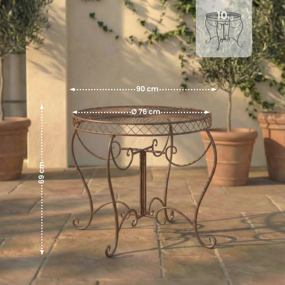 CLP Tavolo da Giardino Rotondo Stile Liberty Sheela, Tavolo in Ferro Verniciato a Polvere, Resistente alle intemperie per Giardino, Colore:Antico Marrone