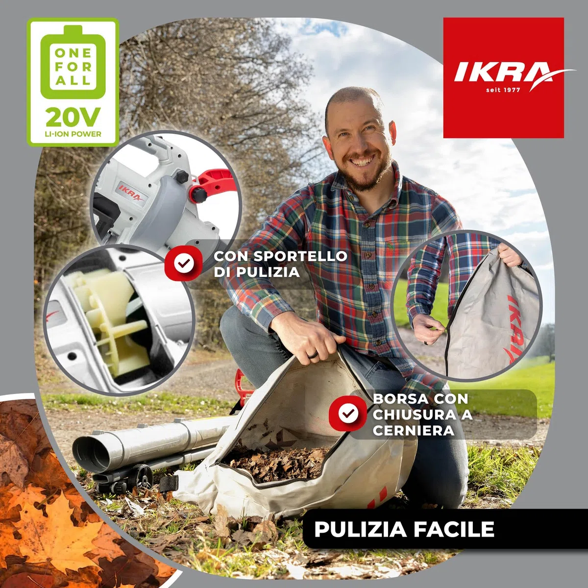 IKRA 3in1 aspiratore soffiatore a batteria IALS 2-20 con 2 batterie ricaricabili e doppio caricabatterie rapido