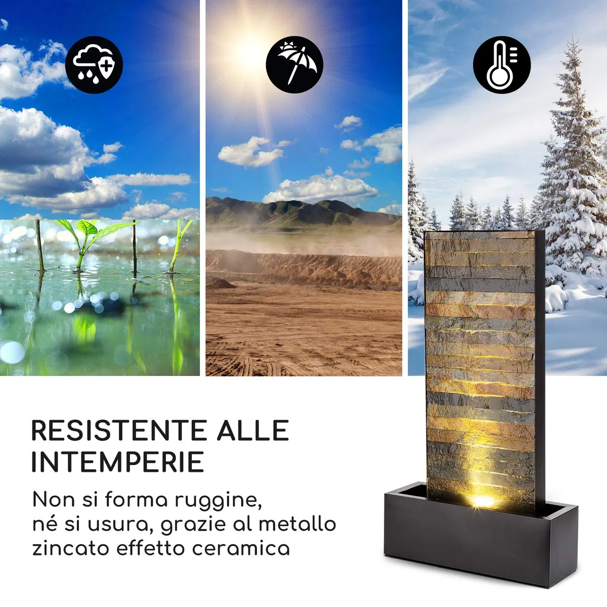 Blumfeldt Raincastle - Fontana Decorativa da Giardino e da Interni, Circolazione Continua Acqua con Loopflow Concept, 12 LED, Pompa da 8W, Protezione: IPX8, Metallo Galvanizzato, Ottica in Mattoni