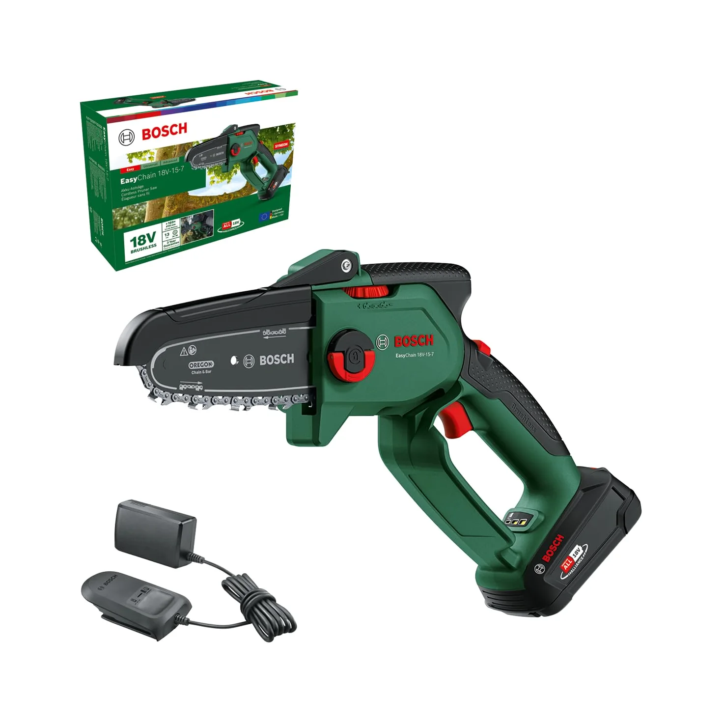 Bosch Mini Motosega a batteria EasyChain 18V-15-7 (per il taglio del legno; 18 Volt System; velocità catena: 6,95 m/s; con batteria da 2,5 Ah e caricabatteria)