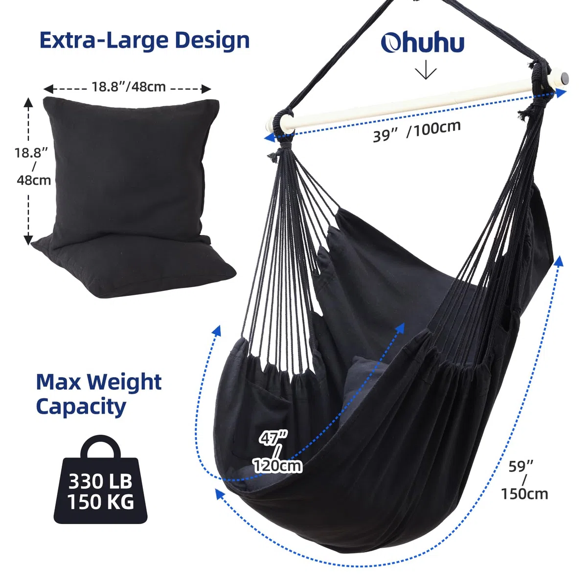 Ohuhu Sedie Sospese Sedia Amaca da Giardino con 2 Cuscini e Robuste Ganci kit, Sedia ad Altalena Sedia a Dondolo Sospesa Costruzione Robusta e Resistente per Balcone, Giardino, Portante 150kg (Nero)