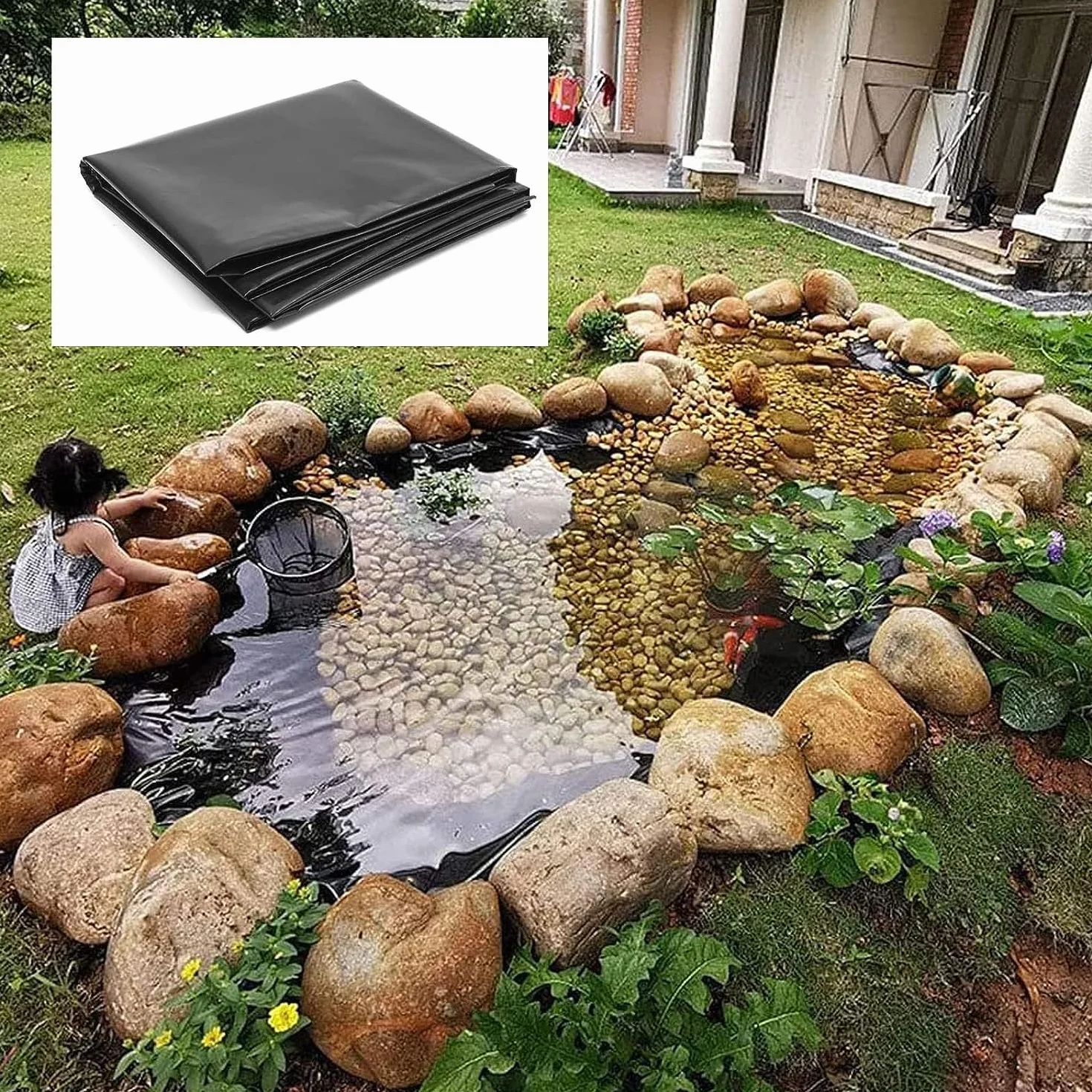 Telo Protettivo in EPDM per laghetto, Spessore 1 mm, Nero, Resistente, per Giochi d'Acqua, Dimensioni 7,5x5 m, 7,5x6 m, 7,5x7 m, Resistente alle forature, Ideale per Giardini Acquatici e fon