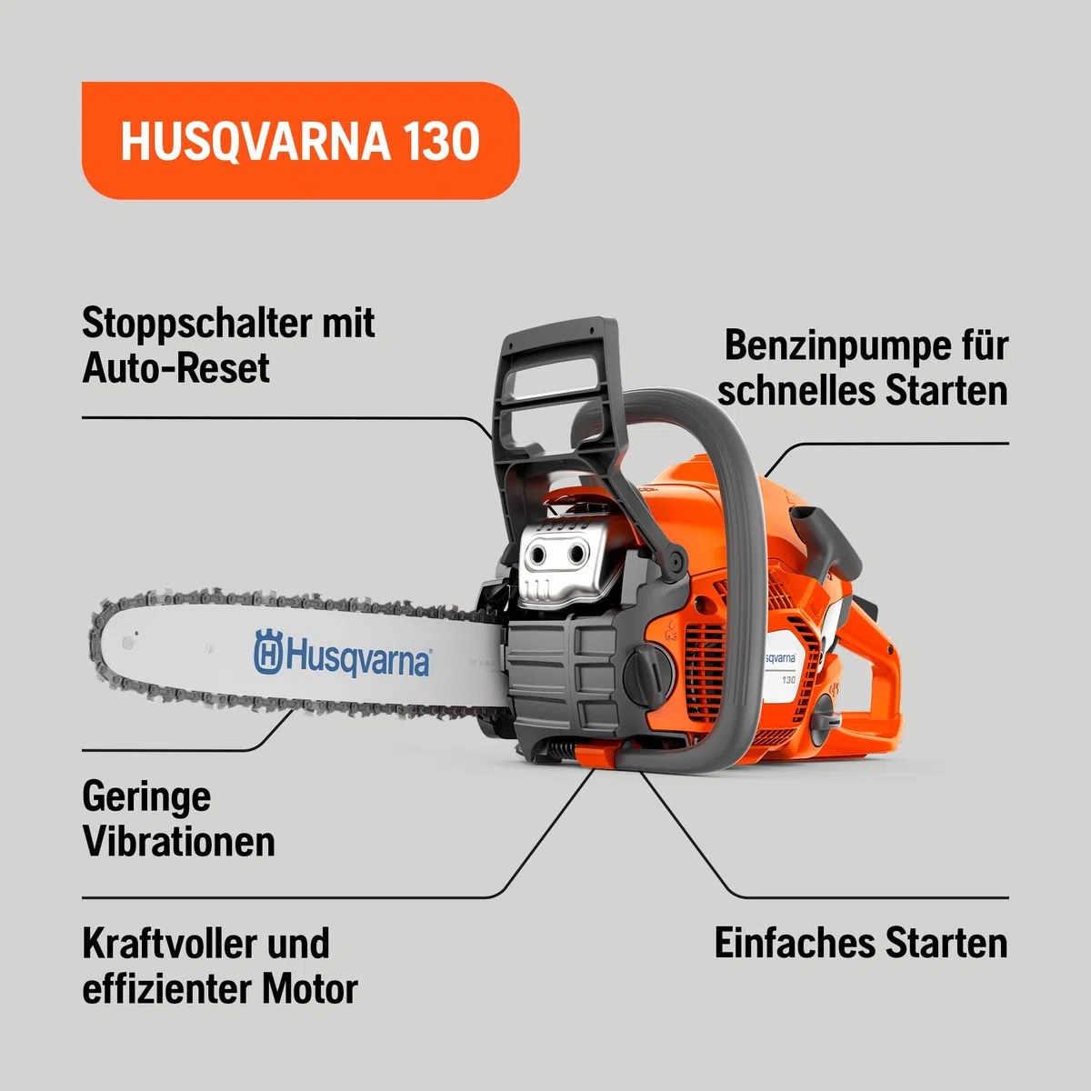 Husqvarna Motosega Husqvarna 130 per Uso Casa e Giardino Potente e Leggera con Barra da 35 cm e Motore X-Torq, 38 cm³, 1.5 kW e soli 4.7 Kg di peso