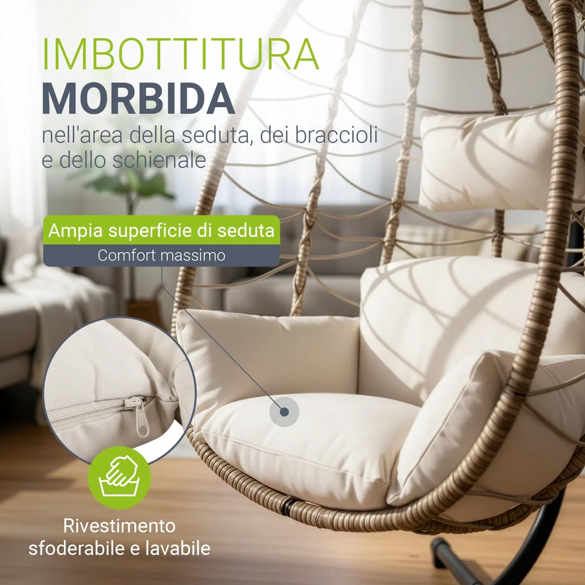 Juskys Sedia sospesa Lani con cuscini - regolabile in altezza e pieghevole - polyrattan dondolo sospeso per esterni e interni - Poltrona a uovo sospesa Beige fino a 130 kg