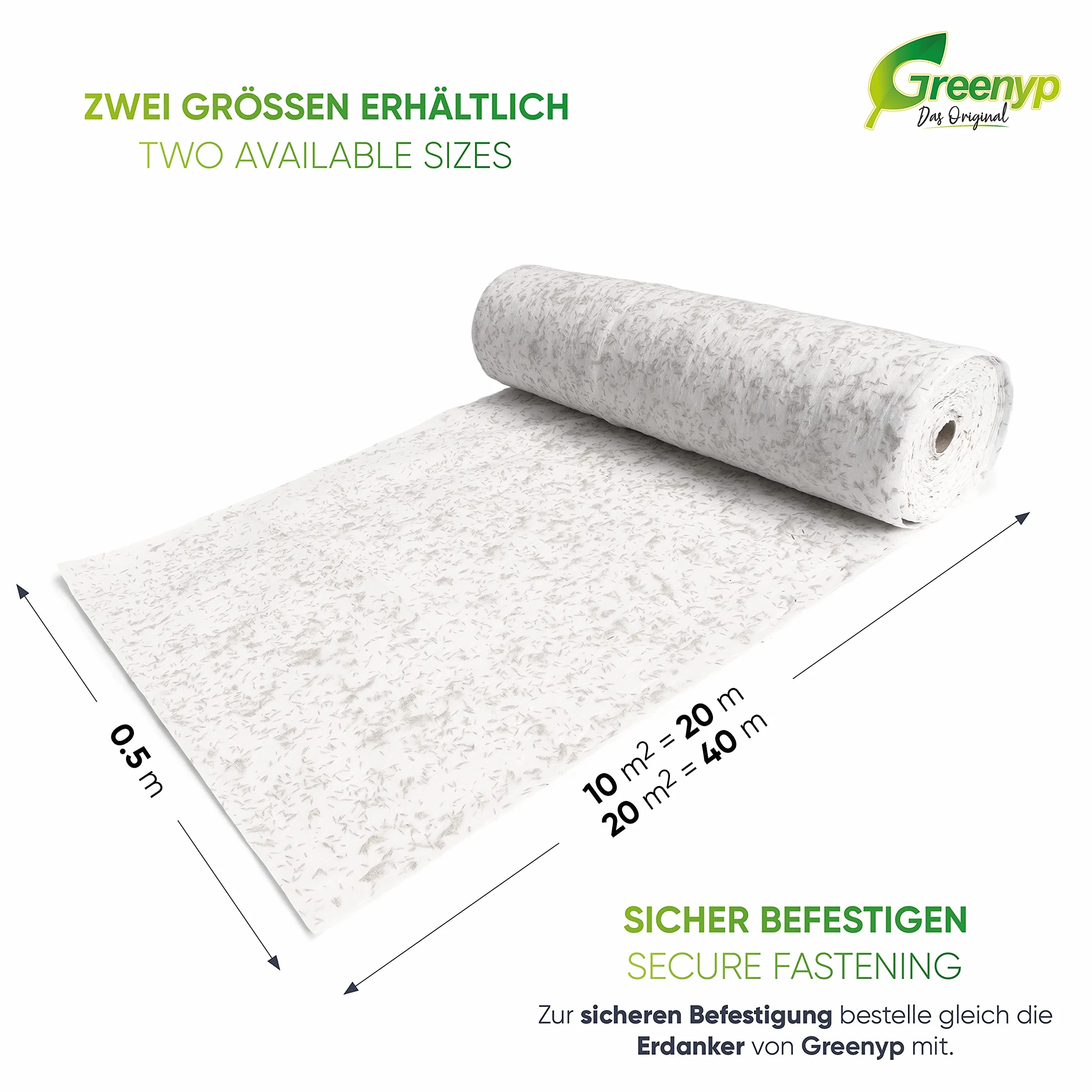 Greenyp all-in-One Tappeto erboso per Semi d’Erba, stuoia biodegradabile, a Rotoli, Semi di Erba integrati con fertilizzanti per Prato, 0,5m x 20m (10m²)