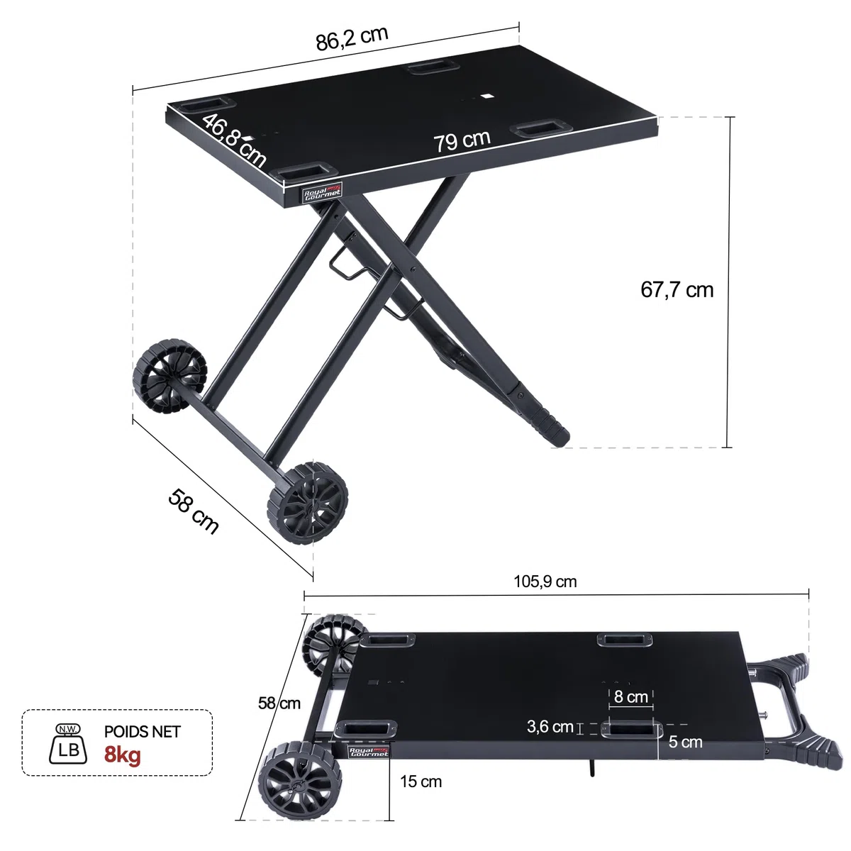 Royal Gourmet GT2201C-E Carrello Pieghevole per Barbecue Portatile, Carrello Pieghevole per Piastra con 2 Ganci per Serie GT2005-F, Adatto per Il Campeggio, Piano del Tavolo, 79 x 46,8 cm