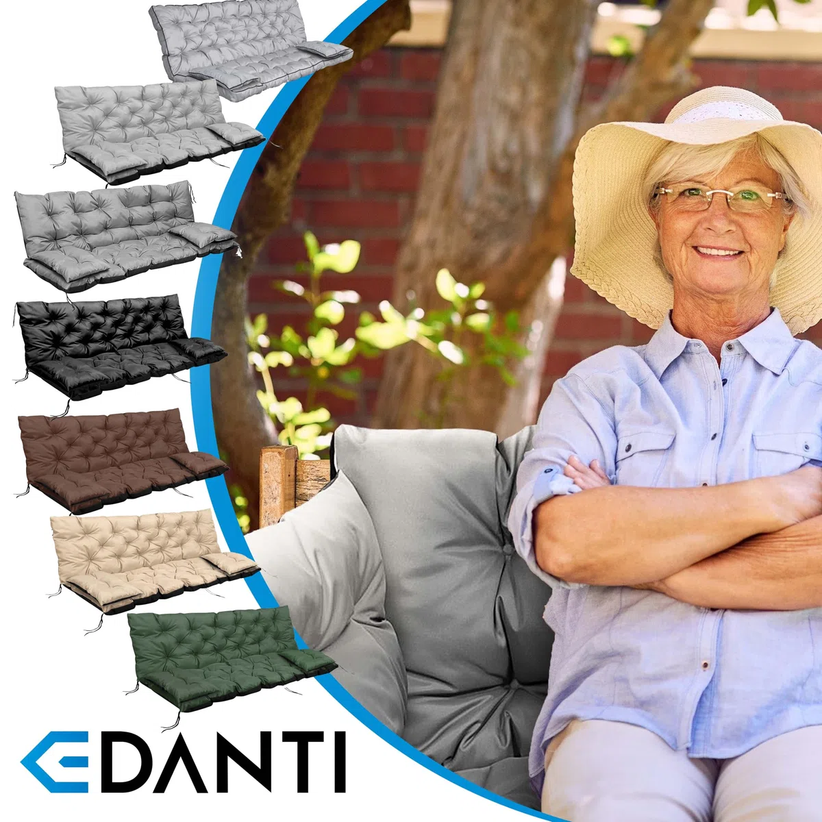 Set di cuscini EDANTI per panca altalena da giardino, cuscini per mobili da giardino, cuscino per panca impermeabile + 2X cuscini più piccoli (Beige, 150x60x50 cm)