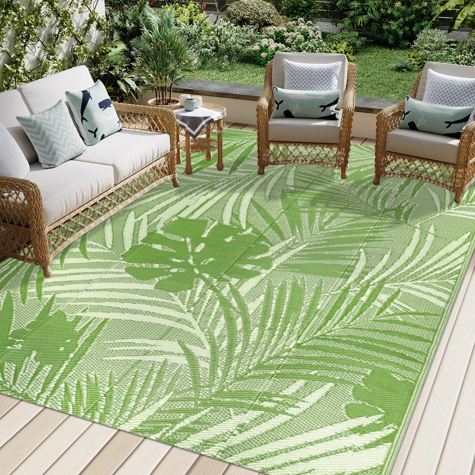 Famibay Tappeto per Esterno Motivo a Foglie Verdi Elegante Tappeto Impermeabile Eeversibili e Resistente ai Raggi UV per Giardino, Patio, Spiaggia, Picnic, Campeggio, Cortile 150 x 245 cm