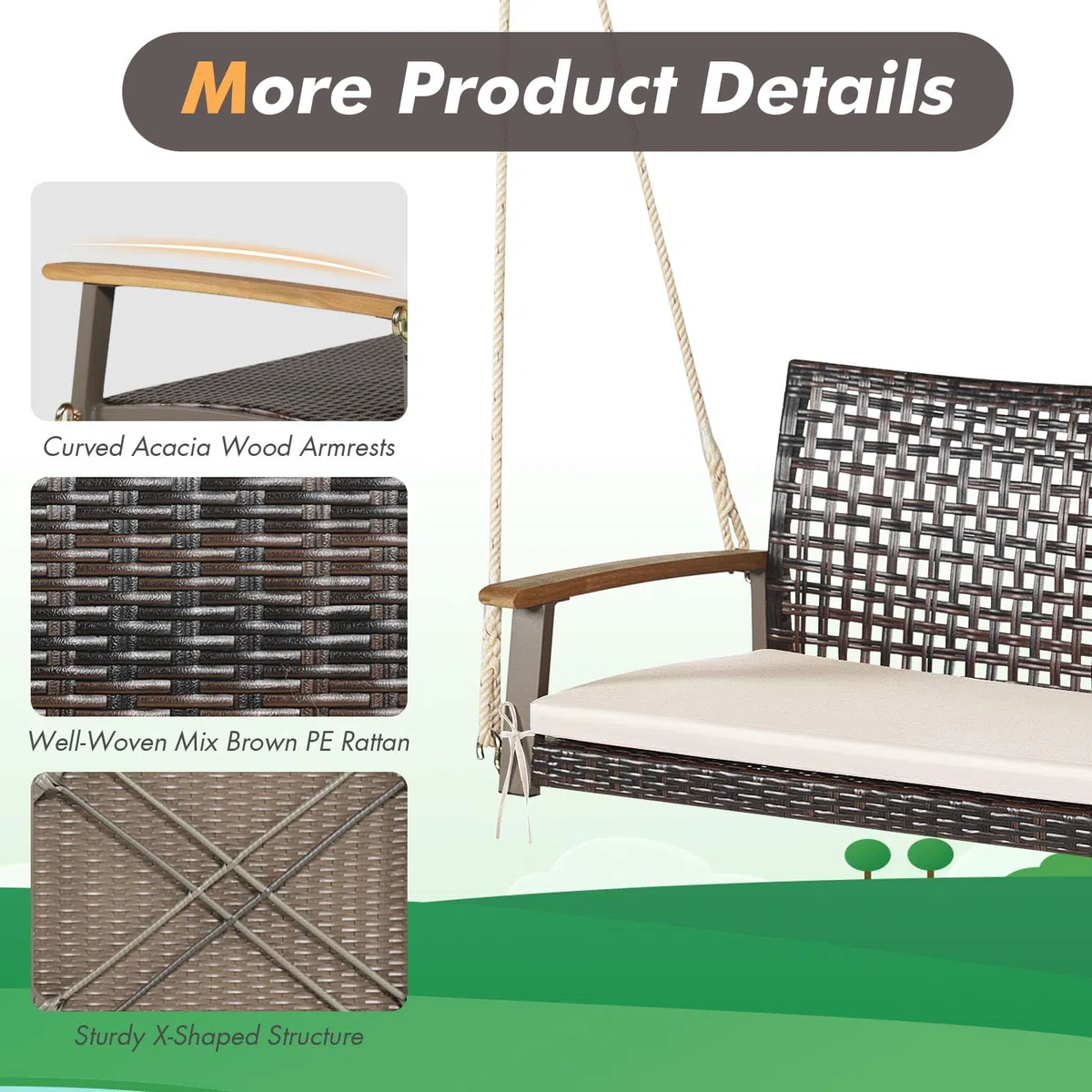 LIFEZEAL Dondolo sospeso a 2 posti, in rattan sintetico, con cuscino, doppia altalena in rattan PE con corde da terrazza, dondolo con schienale e braccioli in legno (beige)