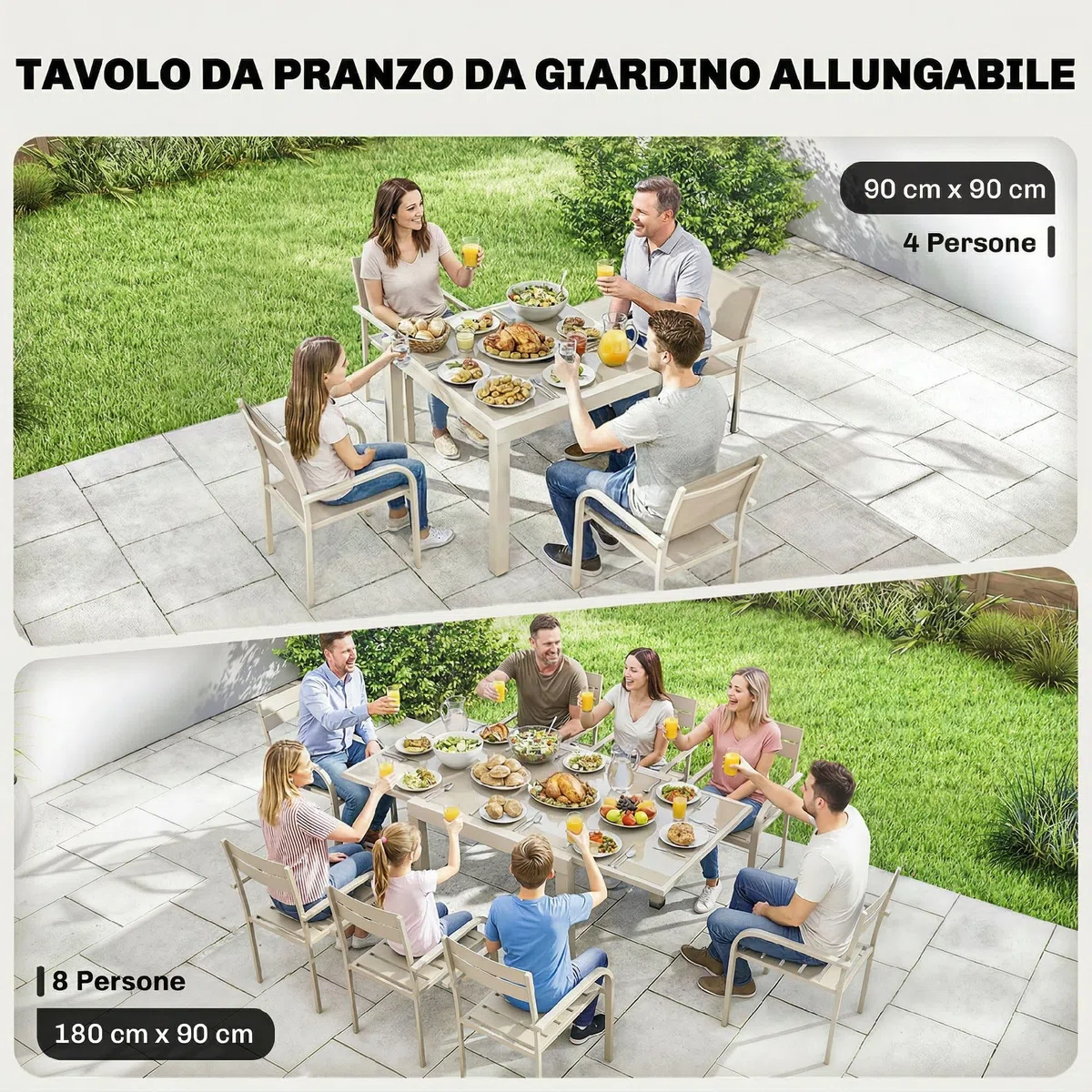 Outsunny Tavolo da Giardino Allungabile per 4-8 Persone, 90/180x90 cm Tavolo da Pranzo Estensibile da Esterno in Alluminio con Piano in Vetro Temperato, per Patio Terrazzo Balcone, Bianco Crema