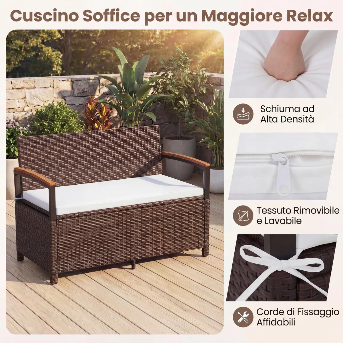SOARS Panca da Giardino 2 Posti, Baule Contenitore Esterno 175 L in Vimini PE, con Cuscino Lavabile, Schienale e Braccioli in Legno di Acacia, Ammortizzatori a Gas, per Patio Balcone Piscina (Beige)