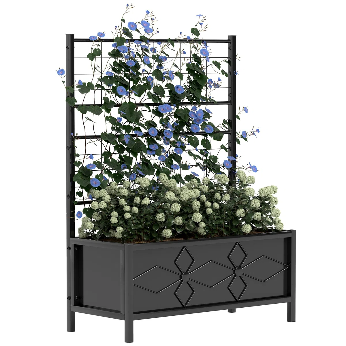Outsunny Letto per Orto Rialzato da Esterno con Spalliera, Decorazione a Diamante, Fioriera con Traliccio per Piante Rampicanti in Acciaio con 2 Fori di Drenaggio, per Piante, Fiori, 90x40x120cm, Nero