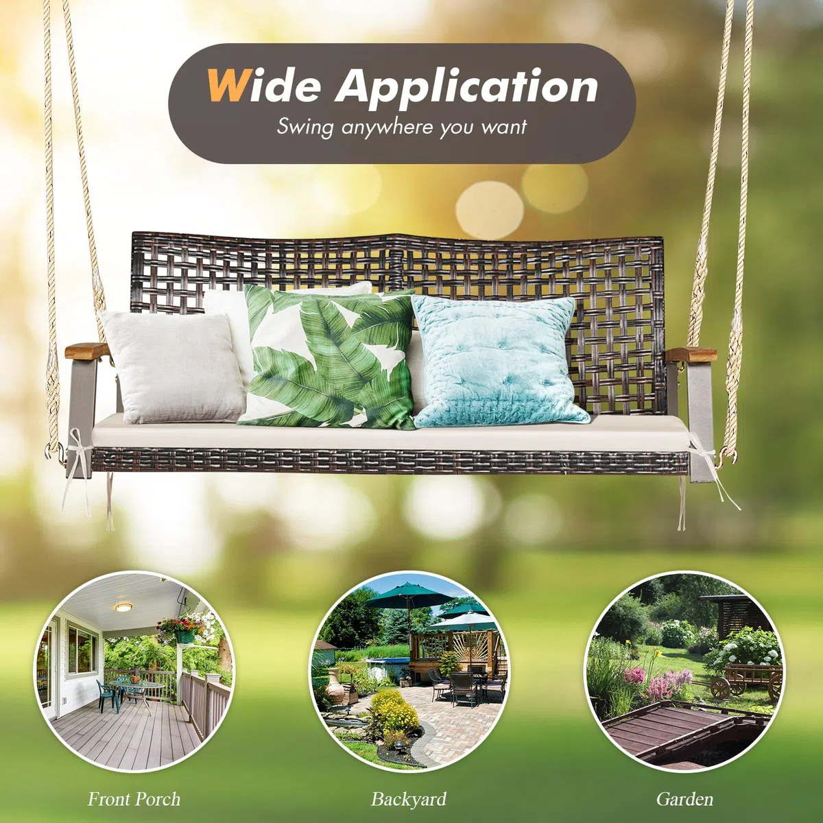LIFEZEAL Dondolo sospeso a 2 posti, in rattan sintetico, con cuscino, doppia altalena in rattan PE con corde da terrazza, dondolo con schienale e braccioli in legno (beige)