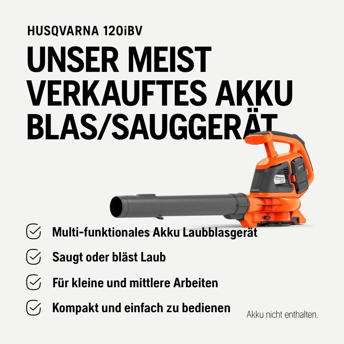 Husqvarna 120iBV - Soffiatore a batteria senza fili, 36 V, batteria e caricabatterie, 10 N, potenza di soffiaggio regolabile, senza spazzole, silenzioso e leggero, per la cura del giardino