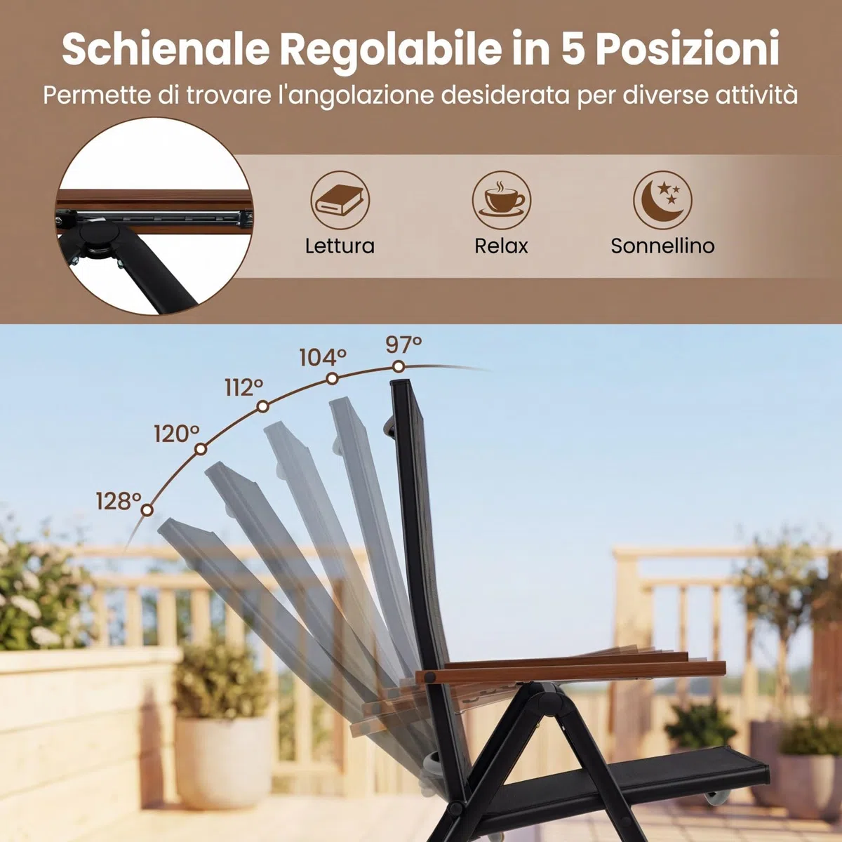 COSTWAY Set di 2/4 Sedie da Giardino Pieghevole, Struttura in Metallo, Poltrona in Tessuto Traspirante, Schienale Regolabile, per Balcone, Giardino, Terrazzo, Portata 150 kg (2,Nero)
