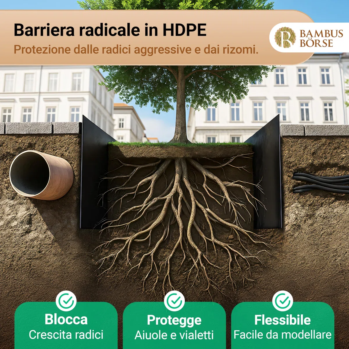Barriera per Radici - Barriera per rizomi con Binario di bloccaggio Alta 70 cm, Spessa 2 mm, Lunga 20 m - Realizzata in HDPE di Alta qualità - Barriera per rizomi di bambù