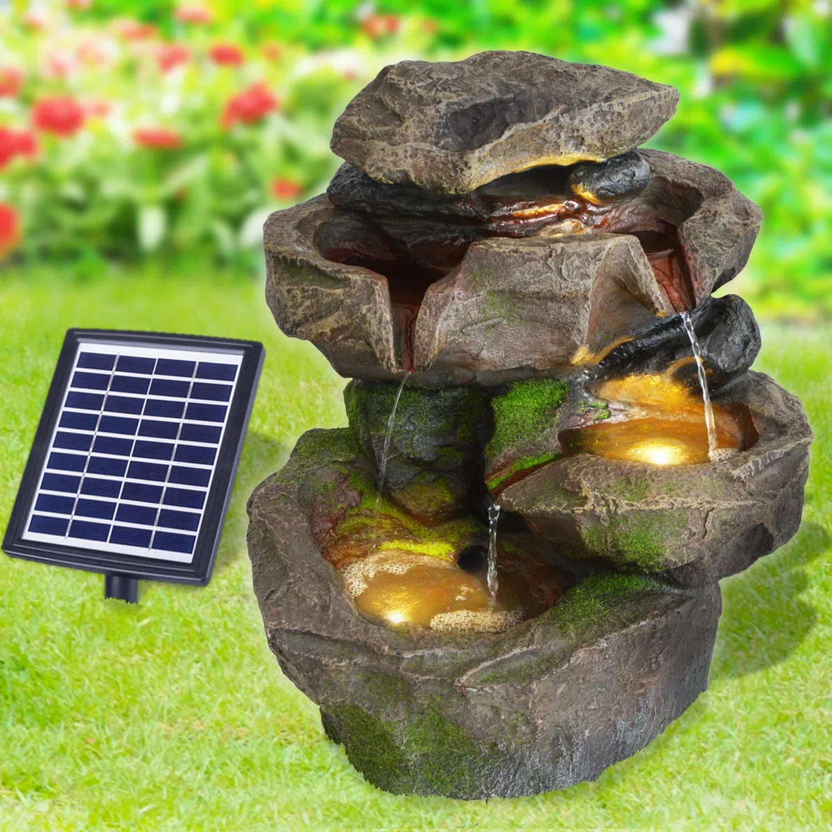Fontana da giardino solare con luce LED, cascata in pietra SCHWARZWALD