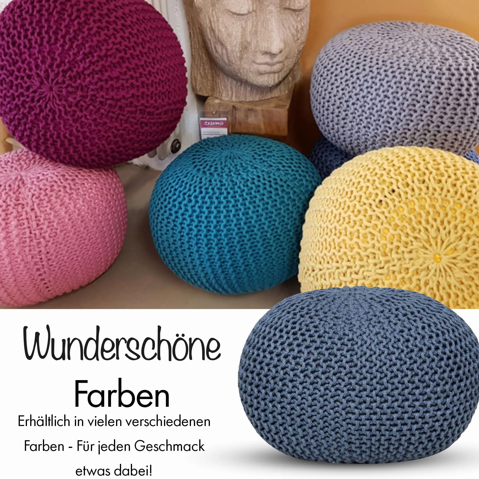 Pouf di alta qualità, impermeabile, Ø 55 cm o 45 cm, pouf per interni ed esterni, effetto maglia grossa, per giardino, terrazza, piscina, 100% plastica riciclata (grigio argento, Ø 55 cm)