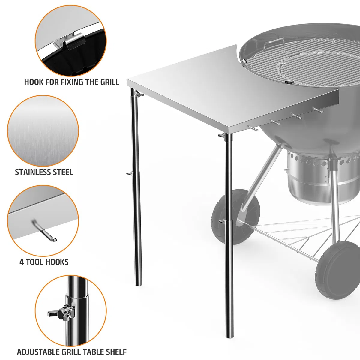 onlyfire Tavolino da Barbecue, Ripiano Laterale Accessori per Barbecue, Tabella di Lavoro dell'acciaio Inossidabile per Le Griglie del Carbone di Legna del Bollitore di Weber