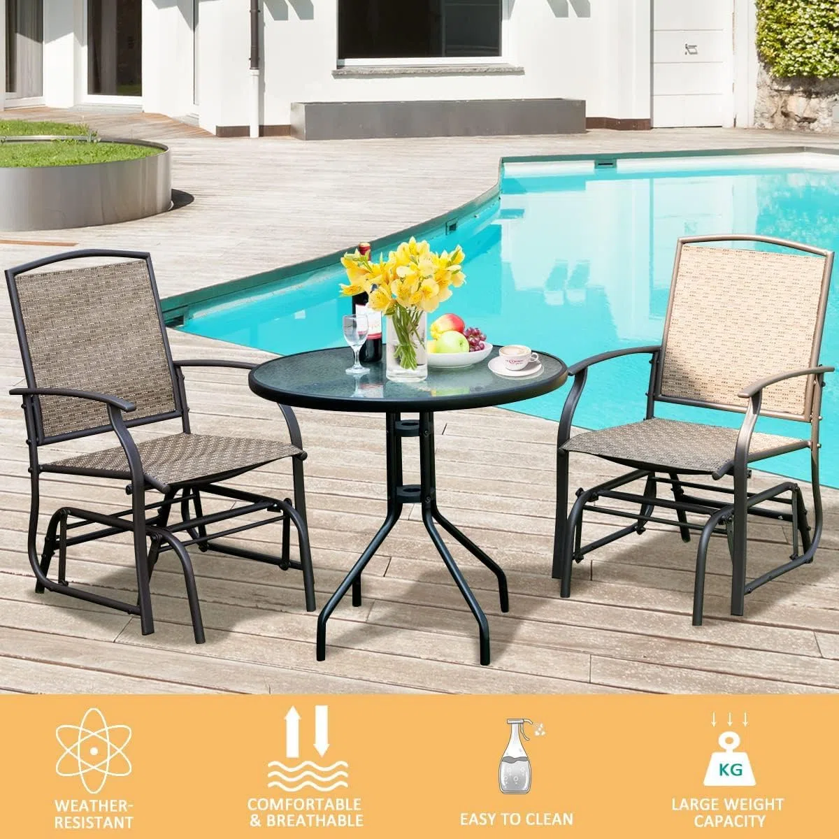 KOMFOTTEU Sedia a Dondolo da Esterno con Schienale Ergonomico, Sdraio a Dondolo in Tessuto Traspirante con Struttura Stabile, Set di 2 Sedie per Giardino, Balcone, Camera da Letto