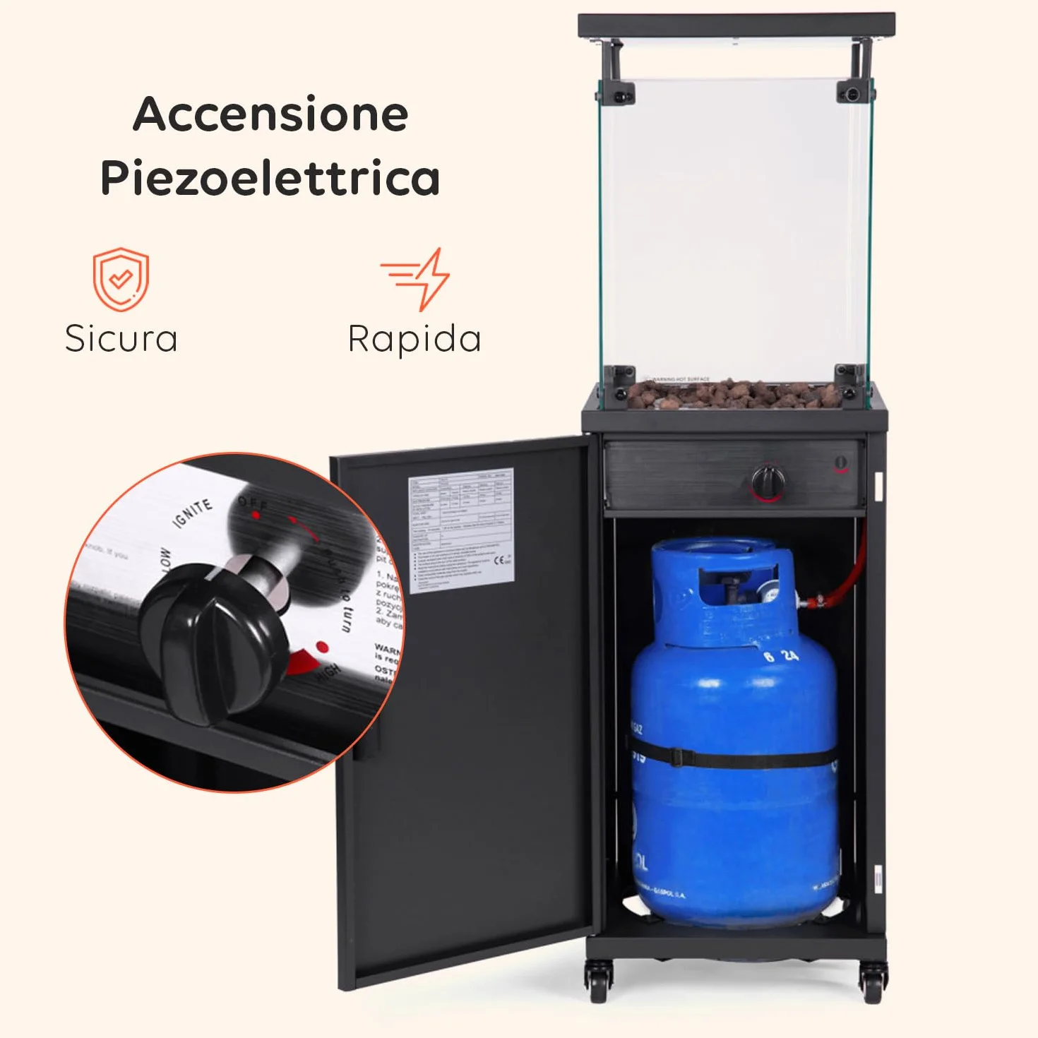 Avilia – Stufa a Gas a Caminetto da Esterno con Accensione Piezoelettrica e Roccia Lavica per Riscaldamento fino a 15 m², Camino Decorativo con Ruote Integrate e Potenza Regolabile fino a 12 kW