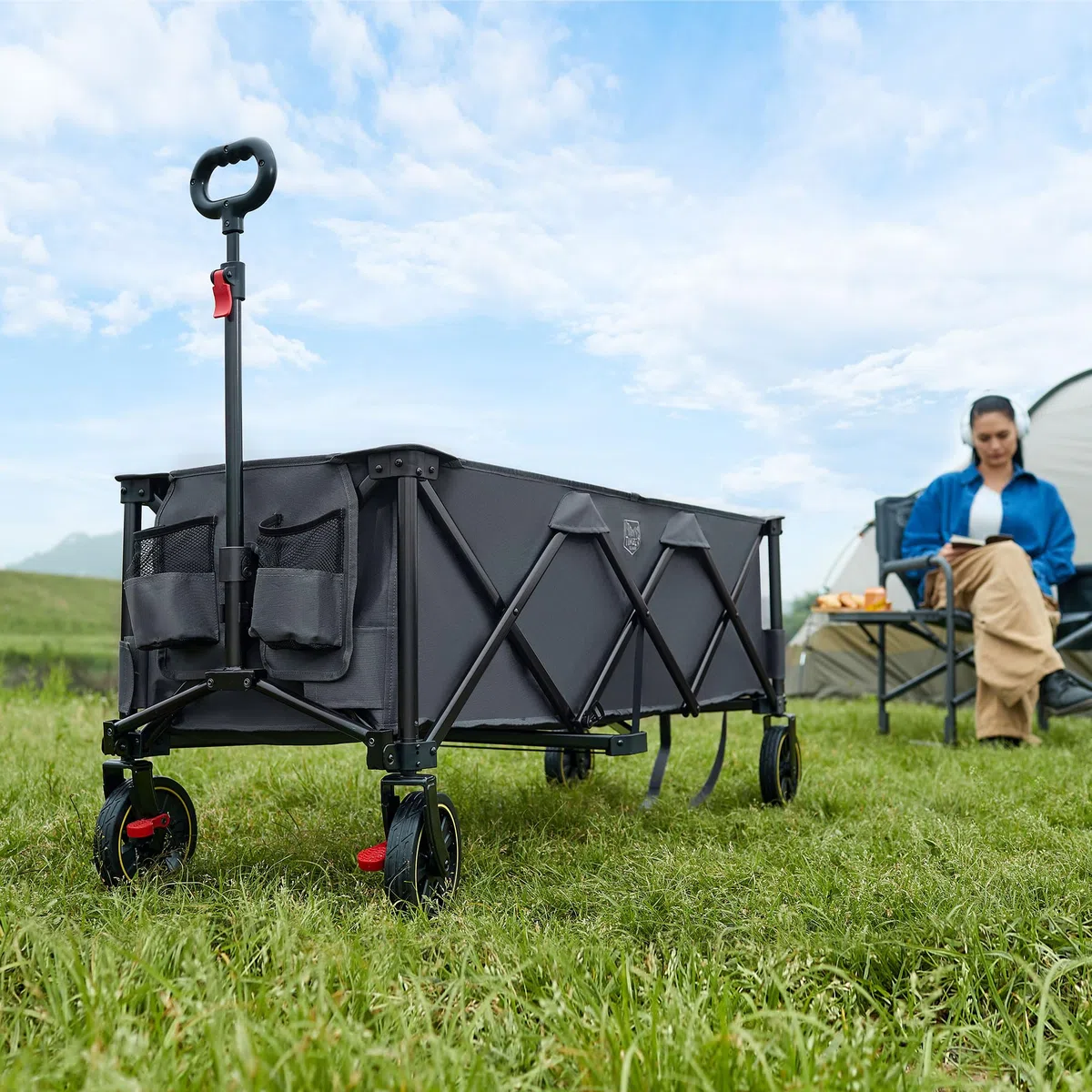 TIMBER RIDGE XXXL Carrello pieghevole 300L 160KG con Freno Reti Anti-Caduta Carrello di Trasporto Tasca Laterale Porta Bevande Maniglia Regolabile Carrello per giardino da spiaggia da campeggio