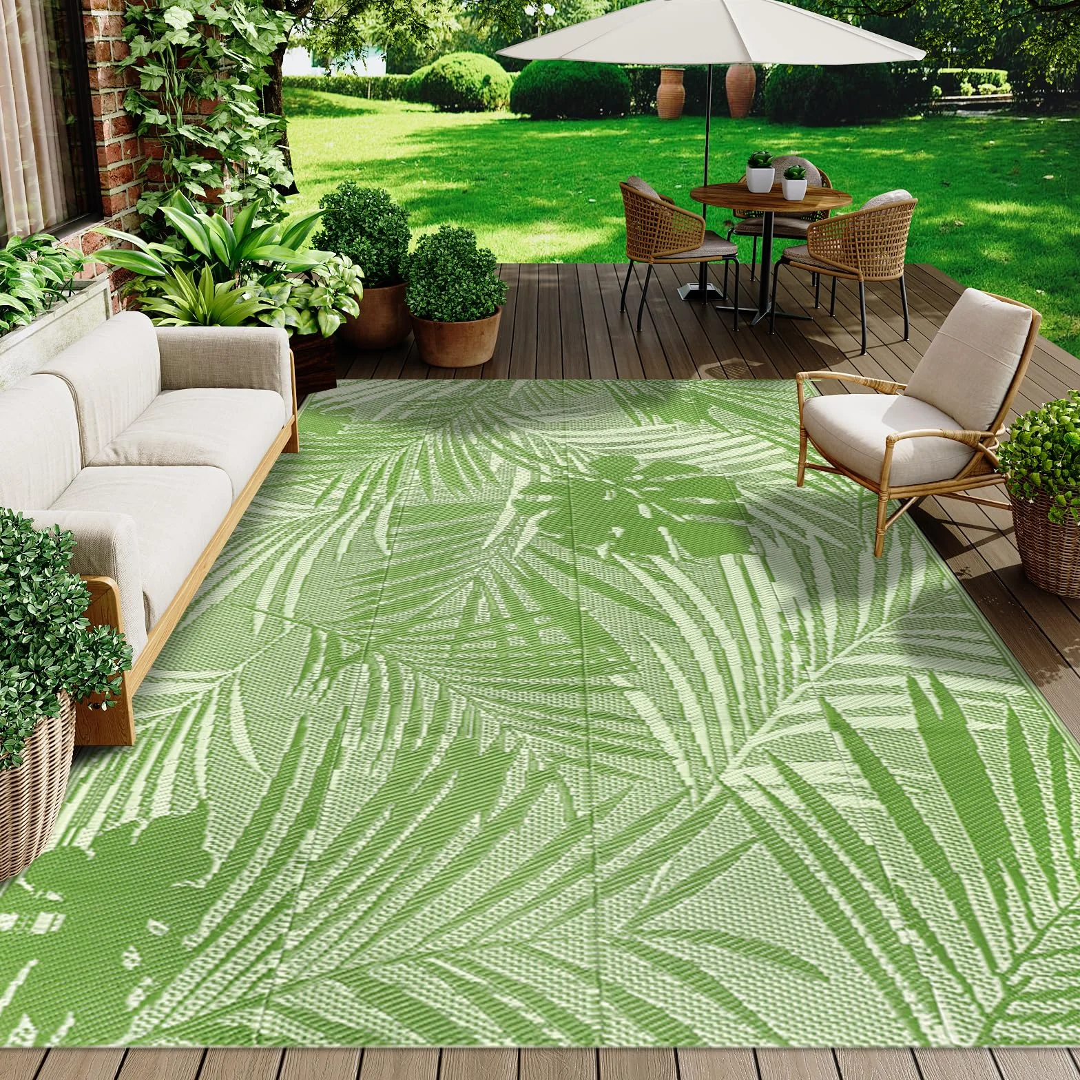 Famibay Tappeto per Esterno Motivo a Foglie Verdi Elegante Tappeto Impermeabile Eeversibili e Resistente ai Raggi UV per Giardino, Patio, Spiaggia, Picnic, Campeggio, Cortile 150 x 245 cm