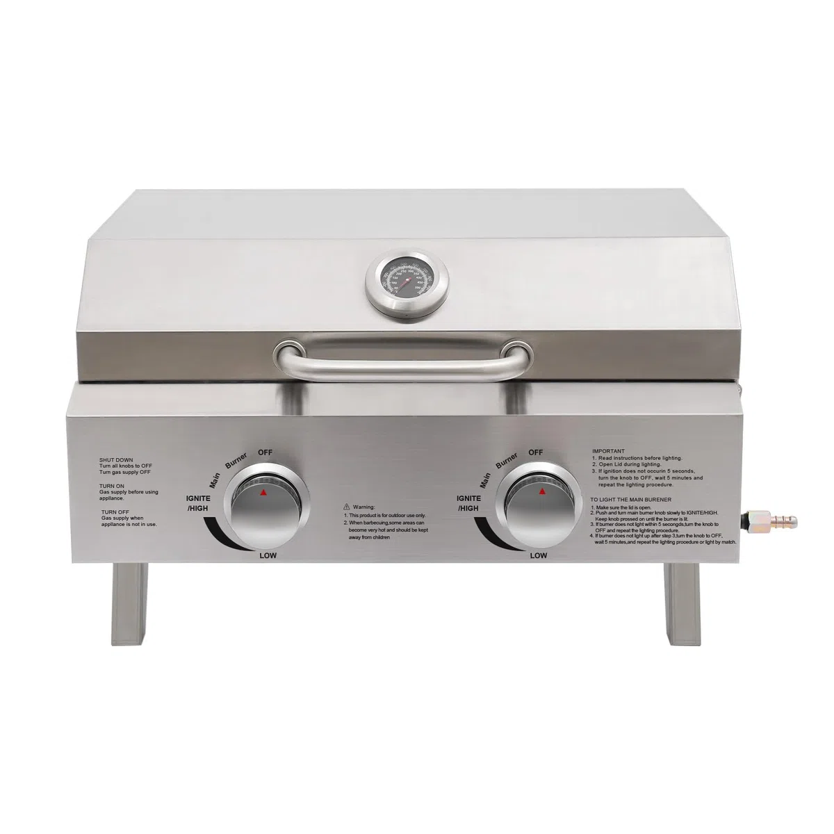 Barbecue a gas portatile in acciaio inox, 2 bruciatori in acciaio inox, 55,8 x 45 x 38 cm, per campeggio, giardino
