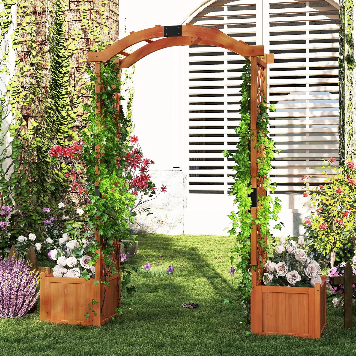 HOMASIS Arco per Rampicanti in Legno, Arco da Giardino con 2 Vasi, Pergolato da Giardino per Verdure, Decorazione per Patio, Cortile (Arancione, 185 x 45 x 201 cm)