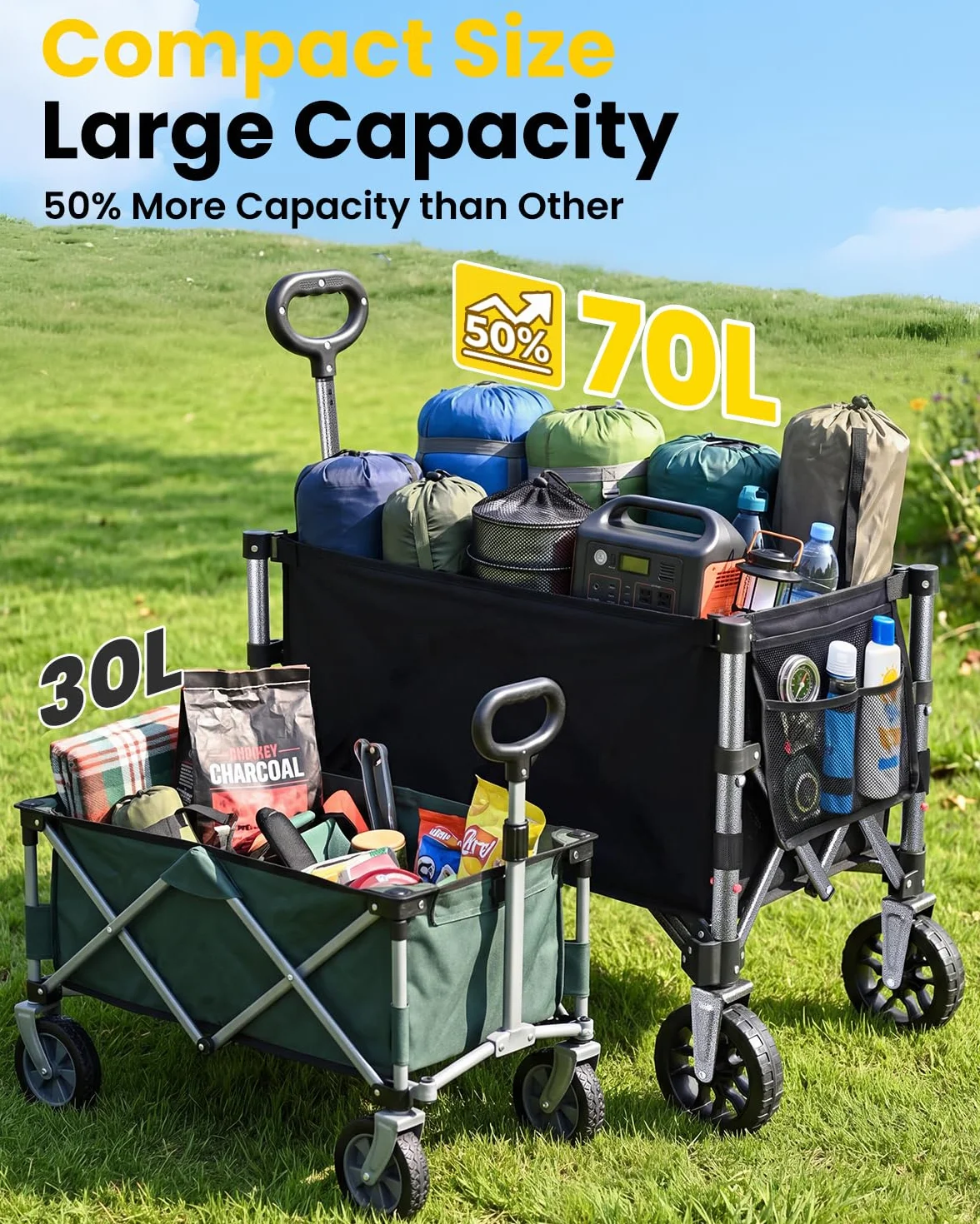YEAUPE PRO Carrello con Ruote Portatile – 70L, 50kg carico max. – Pieghevole, con zip laterale, rete e manico telescopico – Ideale per campeggio, ufficio e casa – Nero Carbone