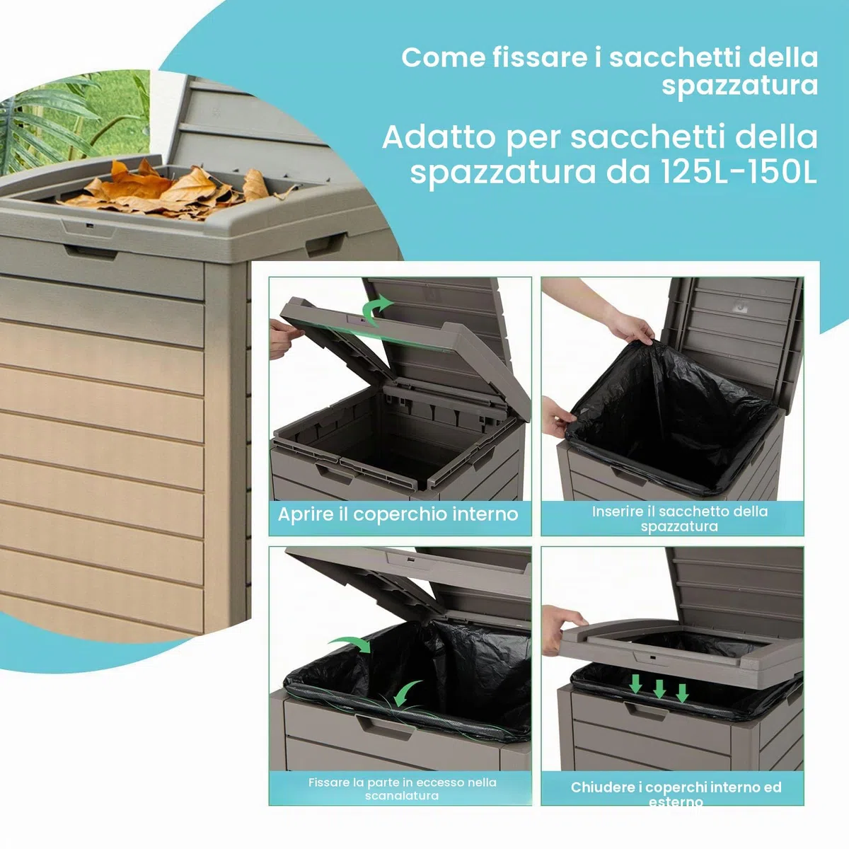LIFEZEAL 2 Pattumiere Differenziata Esterno 118 L, Bidoni Giardino, Resistente alle Intemperie, in Resina, con Coperchio, Maniglia, Cestino Raccolta Spazzatura, Secchio Rifiuti, 40x40x86 cm, Marrone
