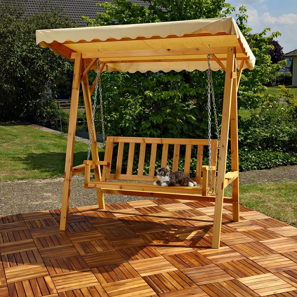 Panca a dondolo stile Hollywood, da giardino, in legno, con tettino incluso – Colore beige