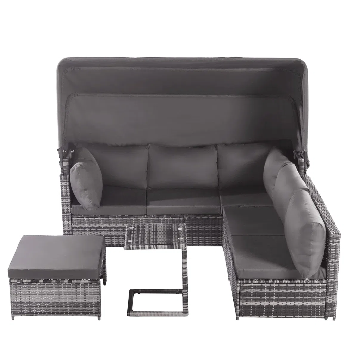 Set di sedie da giardino in rattan, divano con tettuccio parasole, sgabello, poltrone e tavolo, mobili da giardino per esterni, mobili da giardino, balcone e giardino, mobili da terrazza