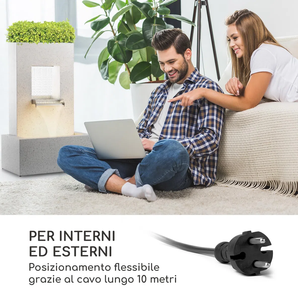 blumfeldt Bloomingstone - Fontana Decorativa da Giardino, con Vaso per Piante, al Chiuso e all'Aperto, Cavo da 10 m, Circuito Idrico Chiuso, LED, Pompa 12 W/800 l/h, Zinco, Bianco