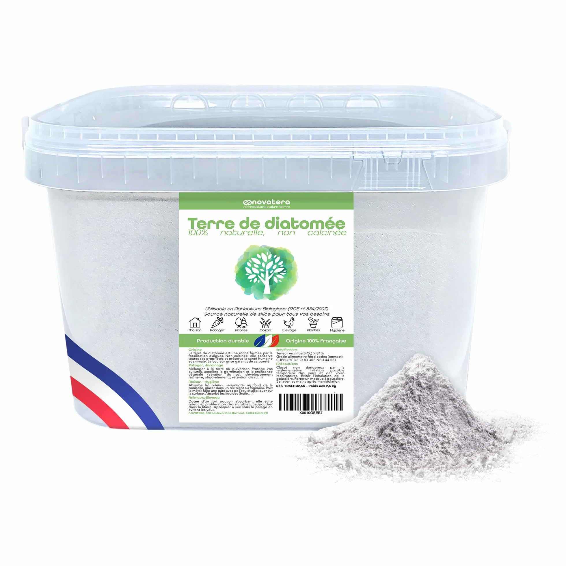 NOVATERA - 100% farina fossile naturale non calcinata, secchio 2,5 kg, estratta e prodotta in Francia, ultrapura, ECOCERT Agricoltura Biologica, protezione ecologica, disponibile da 0,3 a 25 kg