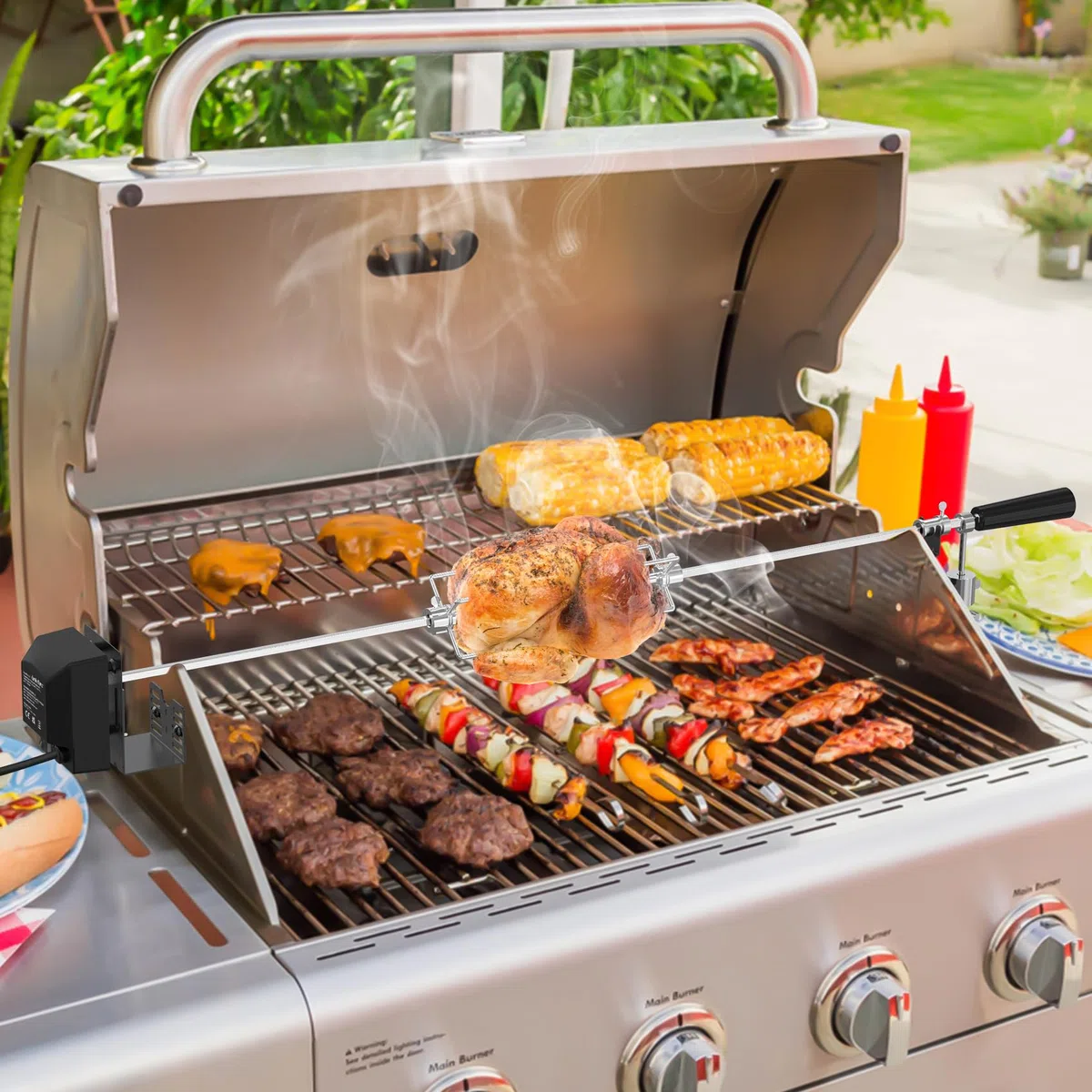 onlyfire BRK-6054 Universale Girarrosto per Barbecue per La Maggior Parte dei Grill a Gas a 2 a 4 Bruciatori, Girarrosto Elettrico, 81-107 CM x 8 MM Asta Quadrata Standard per Spiedo