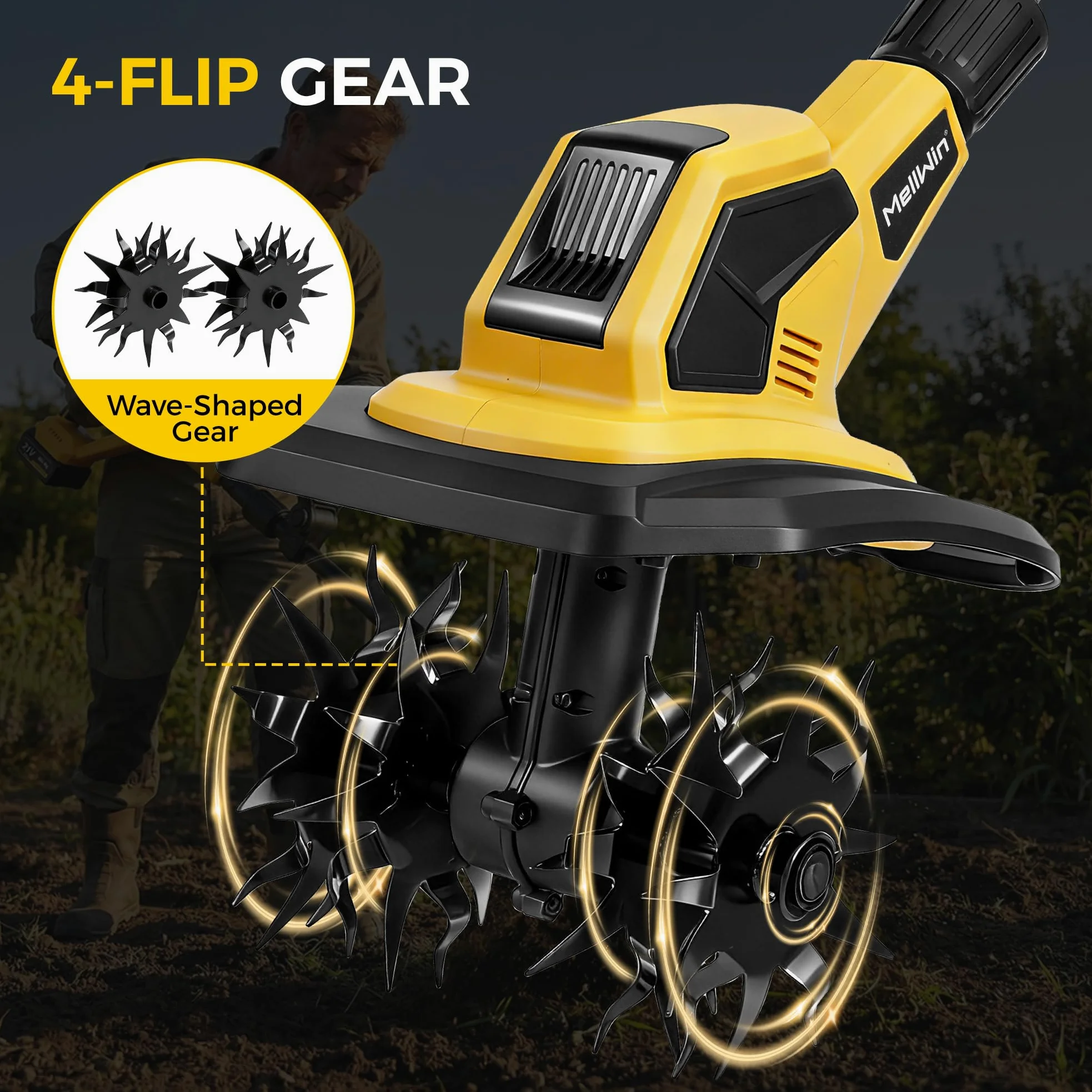 Motozappa elettrico con 2 batterie da 4000 mAh e 21 V, senza spazzole, Motozappa per terreni da 360 giri/min con denti in acciaio, larghezza di lavoro di 24 cm e profondità di 17 cm