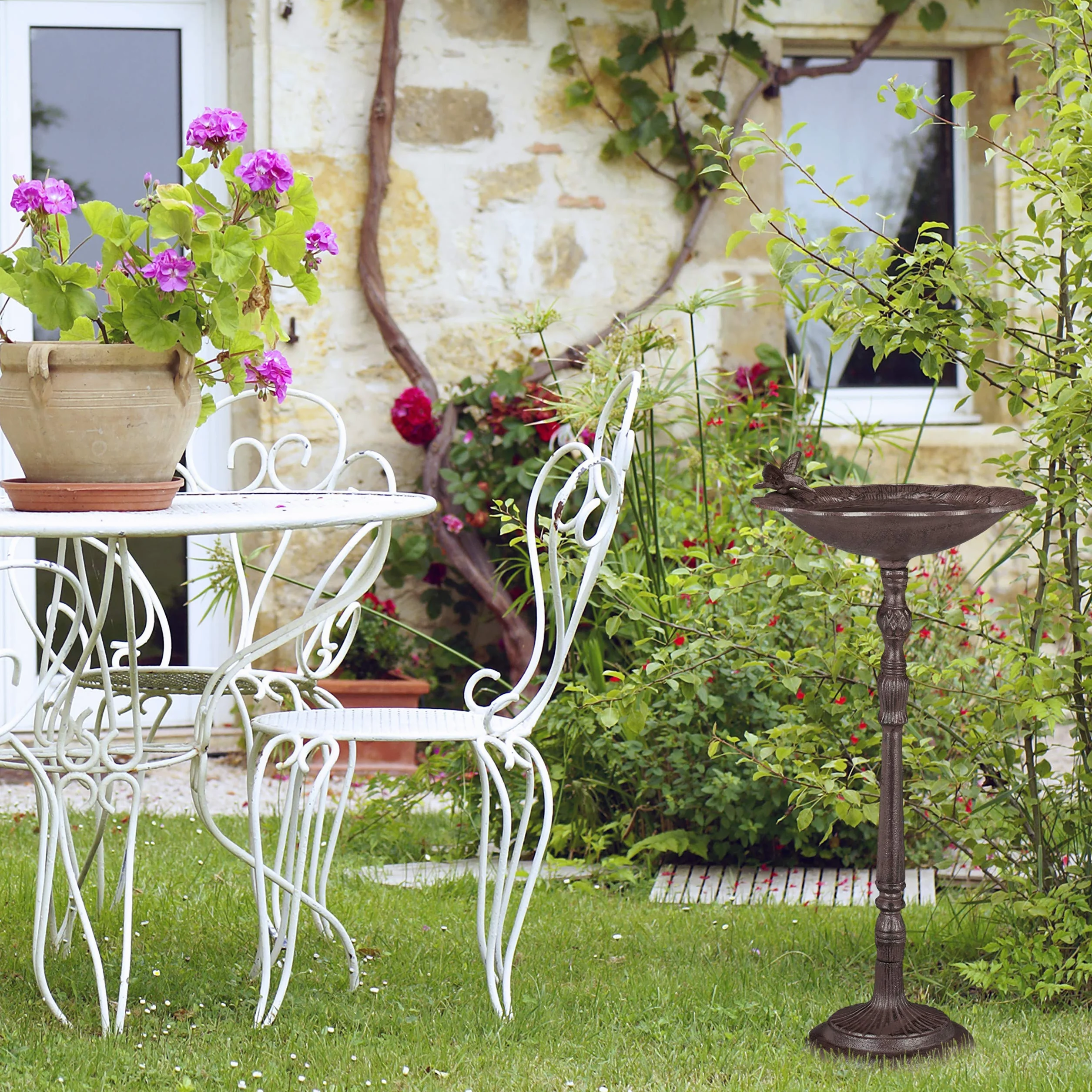 Relaxdays Grande Fontana per Uccelli, a Colonna, da Giardino, Vaschetta per Uccelli Selvatici, H 74,5 cm, Marrone