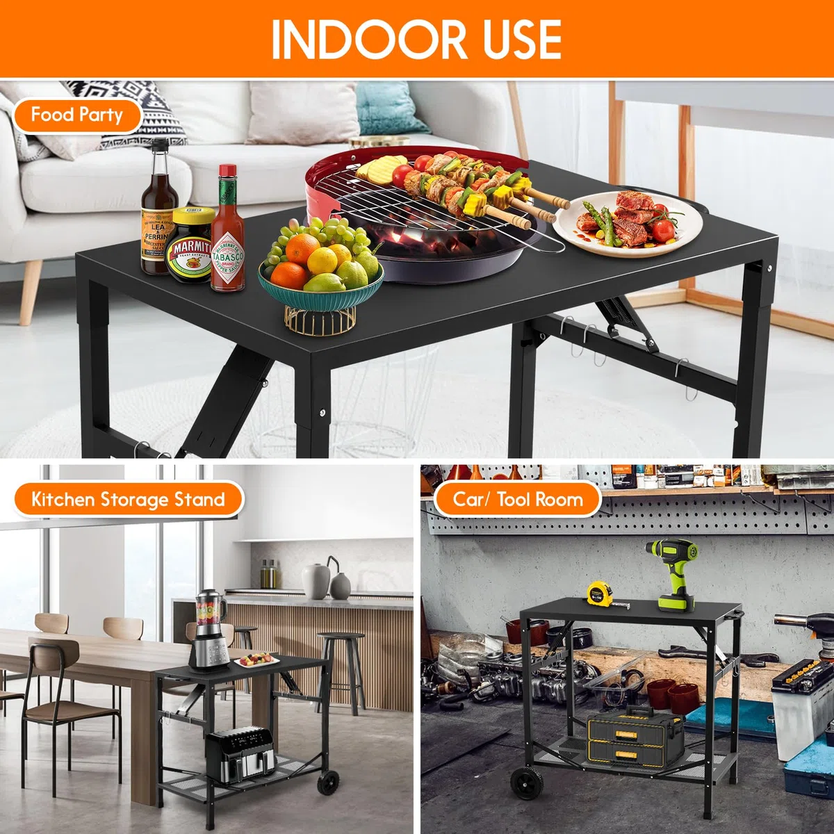 KHAMAL Carrello pieghevole per barbecue da esterni, tavolo portatile per pizza con ruote, tavolo da pranzo portatile per esterni, barbecue, interni, cucina