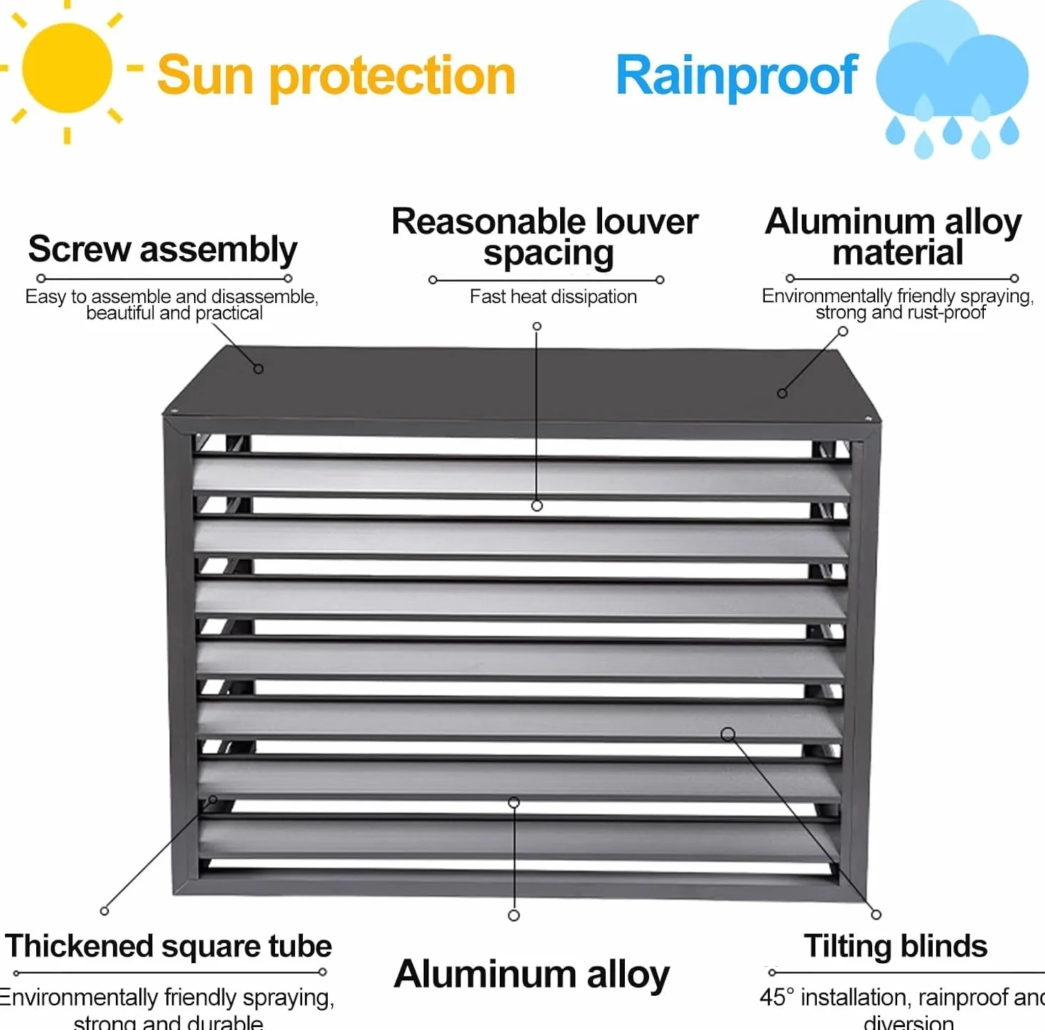 Copri Condizionatore da Esterno in Alluminio, L100*W50*H70 Copertura Protettiva - Evita Esposizione al Sole, Riduce Rumore, per Guardrail privacy balcone esterno Copertura AC in Alluminio