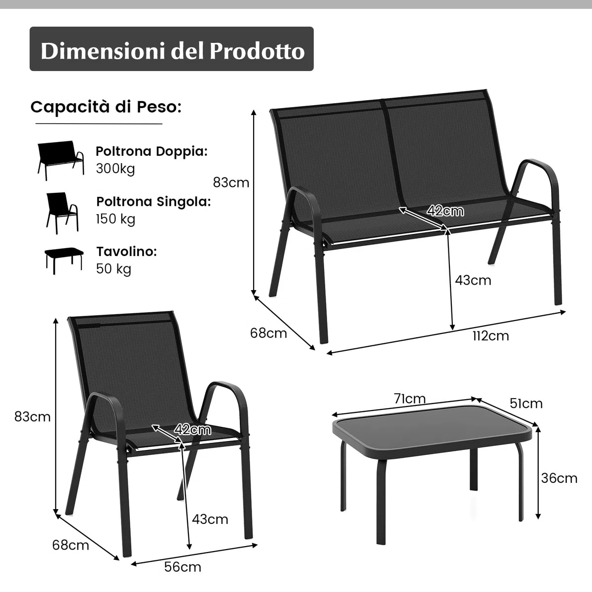 COSTWAY Set Tavolo e Poltrona da Giardino, Set di Mobili 4 Pezzi per Esterno, con Tavolino in Vetro Temperato, Panca e 2 Poltrone, per Giardino Balcone Piscina (Nero)