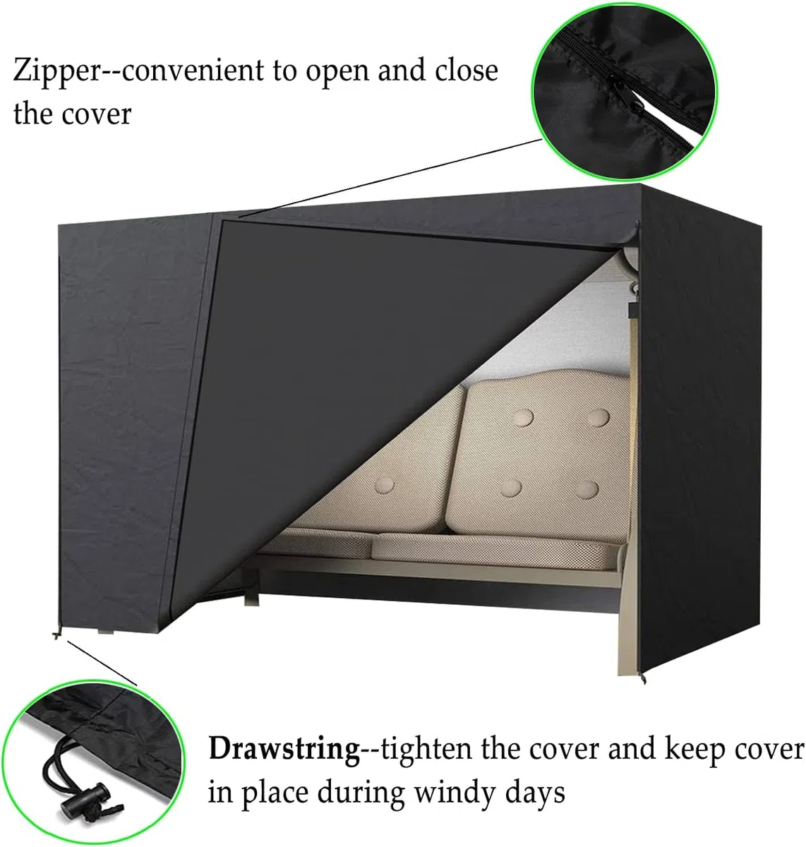 Copertura per dondolo da giardino a 3 posti, impermeabile, con cerniera, in tessuto Oxford 600D nero, per esterni, antipolvere, anti-neve, antivento, anti-UV (215 x 125 x 170 cm)