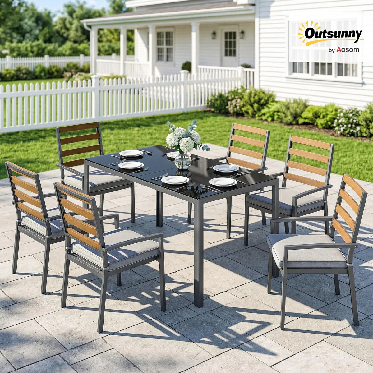 Outsunny Set Tavolo e Sedie da Giardino 7 Pezzi, Set Pranzo Esterno con Tavolo da Giardino Rettangolare in Vetro Temperato, 6 Sedie, Cuscini, Struttura Acciaio Zincato per Terrazza Balcone, Nero