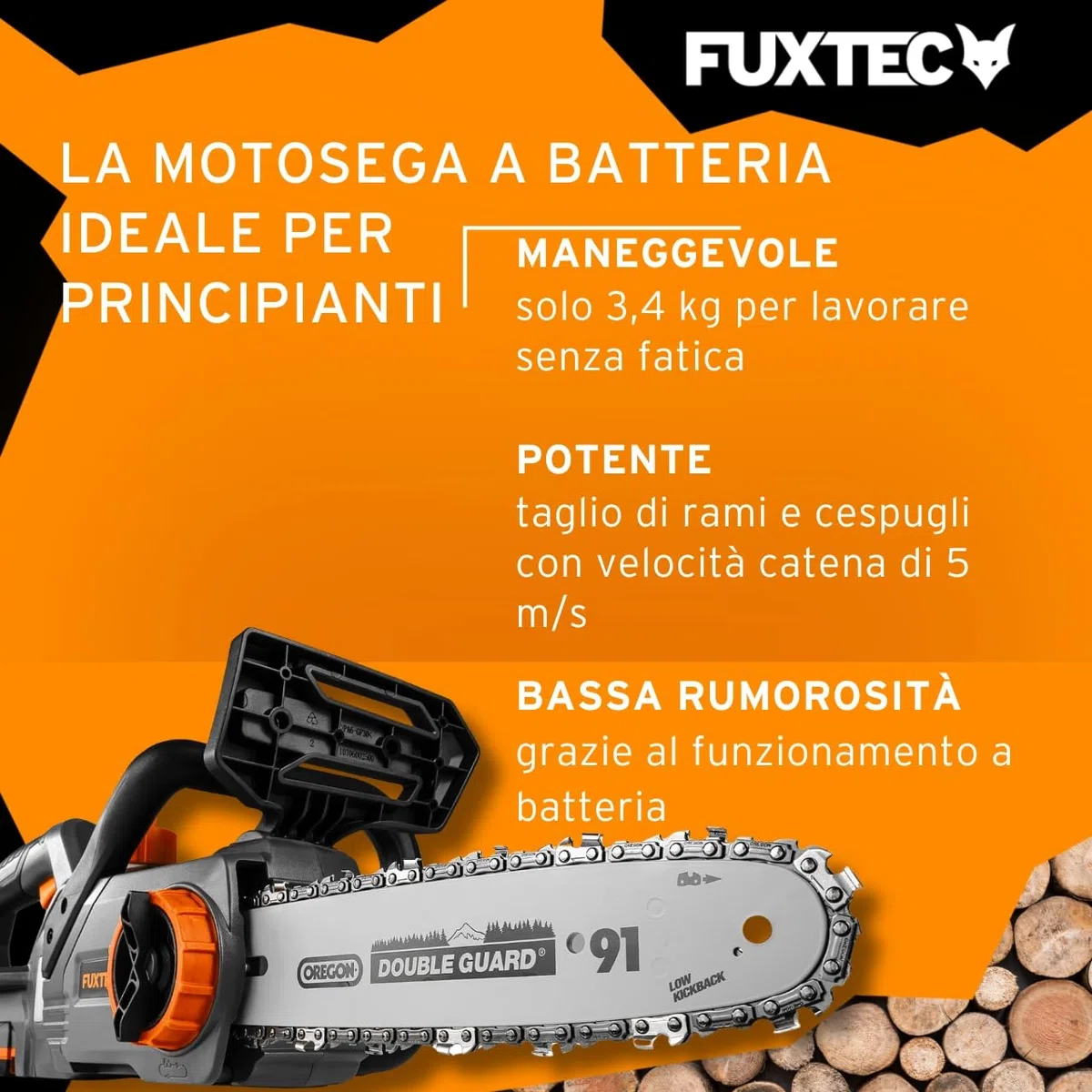 Motosega a batteria 20V FUXTEC FX-E1KS20 – con batteria e caricatore – lunghezza di taglio 24 cm (10 pollici) velocità della catena di 5m/s – leggera e compatta