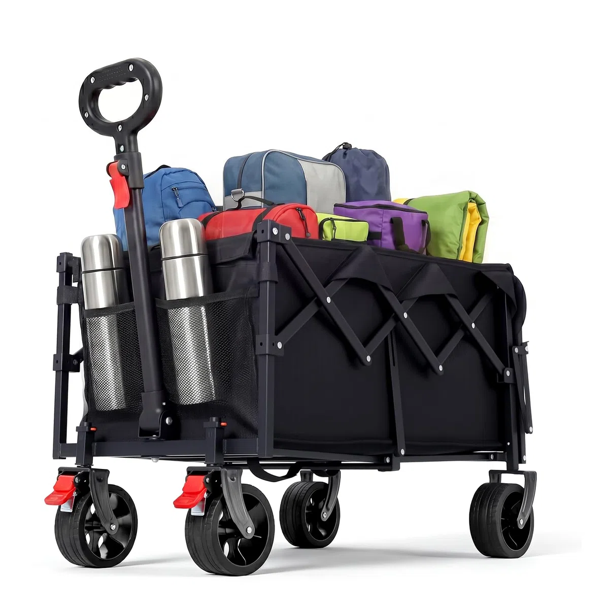 HAUSPROFI Carrello pieghevole da 100 l, portata 100 kg, adatto per fuoristrada, con freni, All-Terrain, tasca laterale e portabevande per esterni, campeggio, giardino e shopping