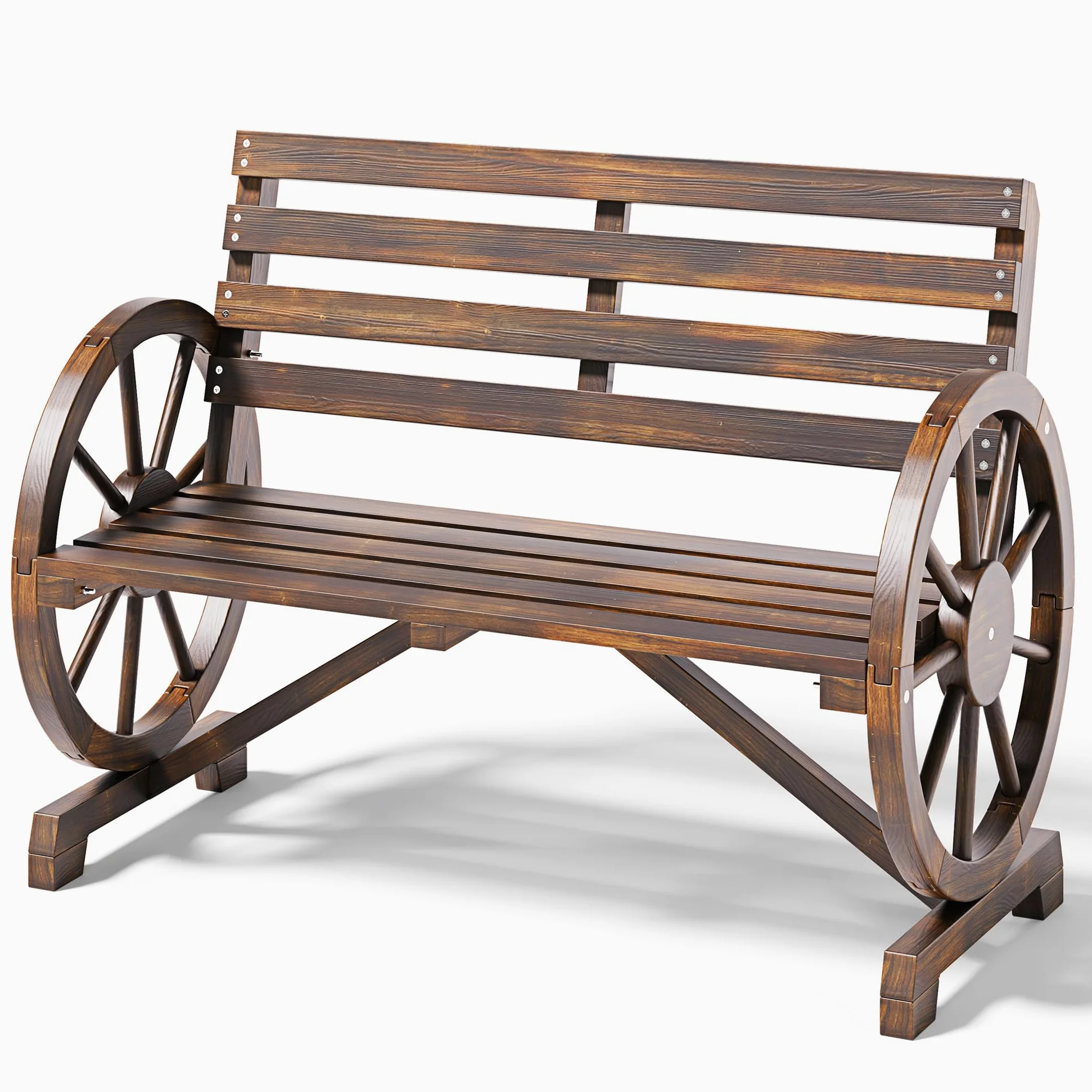 Panca da esterno a 2 posti, resistente alle intemperie, con braccioli a forma di ruota, in legno con schienale, in stile country, per patio, giardino, parco, 105.5 x 56 x 79 cm.