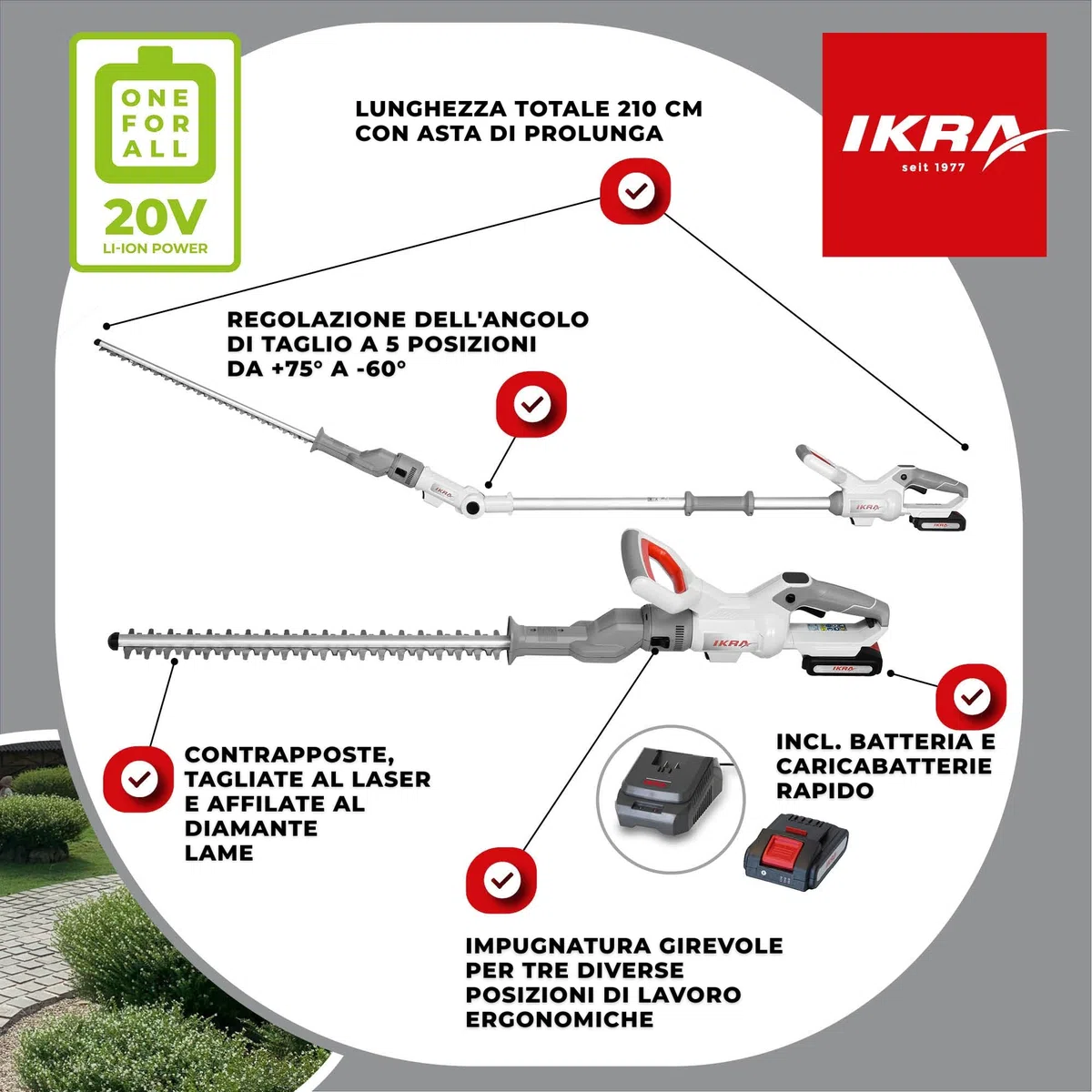 IKRA tagliasiepi ICPH 2050 2in1 con asta telescopica, incl. 2 batterie 20V 2,0Ah, stazione di ricarica rapida e tracolla