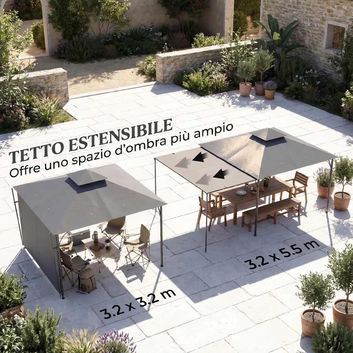 Outsunny Gazebo da Giardino 3.2x3.2 m con Tetto Estensibile, Gazebo da Esterno con Doppio Tetto Ventilato, Fori di Drenaggio in Metallo, per Giardino Balcone Feste Patio, UV30+, Grigio Scuro