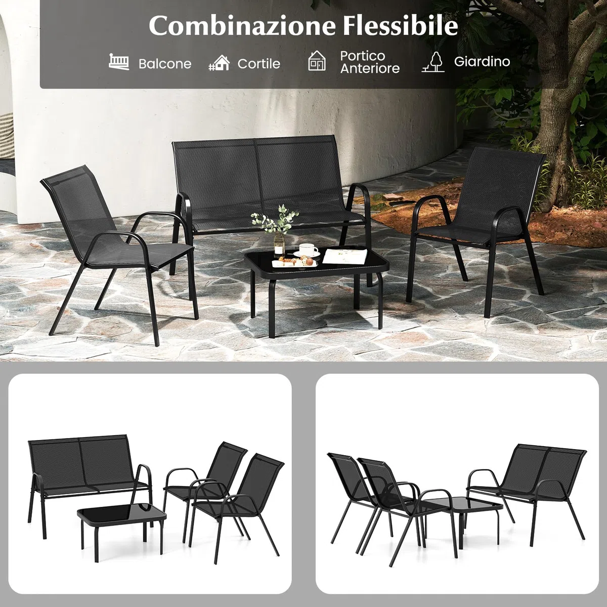 COSTWAY Set Tavolo e Poltrona da Giardino, Set di Mobili 4 Pezzi per Esterno, con Tavolino in Vetro Temperato, Panca e 2 Poltrone, per Giardino Balcone Piscina (Nero)