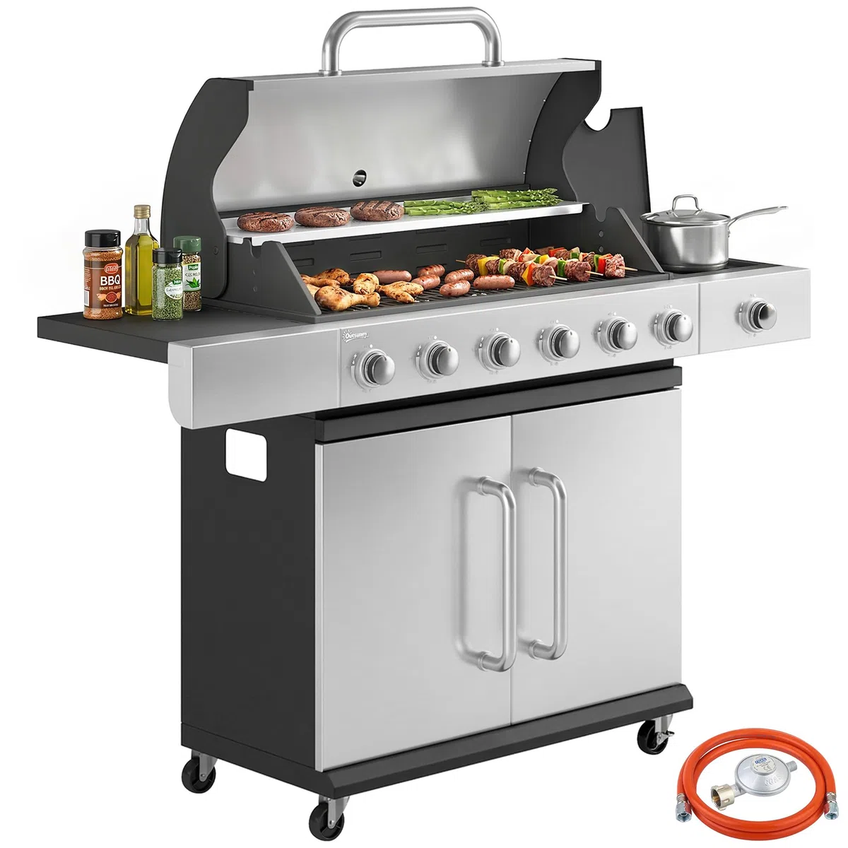 Outsunny Barbecue a Gas con 6+1 Bruciatori da 18.6 KW, BBQ a Gas Propano Portatile con Griglia, Ripiani, Coperchio, Termometro, Ruote, per Giardino Esterno, Nero Argento